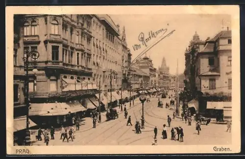 AK Prag / Praha, Strasse Graben mit Geschäftshäusern und Passanten