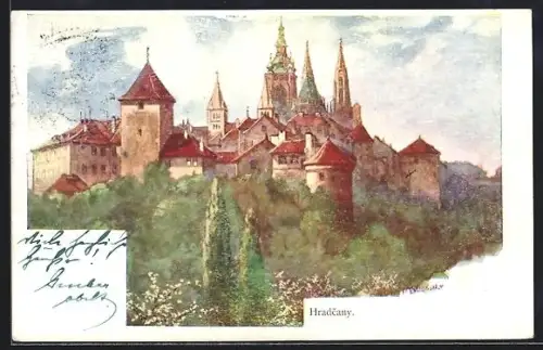 Künstler-AK Ferdinand Engelmüller: Prag, Hradschiner Türme auf dem Berg
