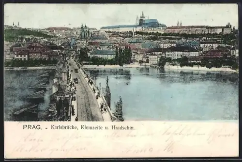 AK Prag / Praha, Karlsbrücke, Kleinseite und Hradschin aus der Vogelschau