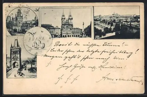 AK Prag / Praha, Brückenthürme, Gr. Ring und Teynkirche