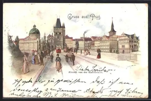 Lithographie Prag / Praha, Altstadt v. d. Karlsbrücke aus gesehen