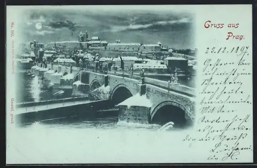 Mondschein-AK Prag / Praha, Karlsbrücke im Schnee