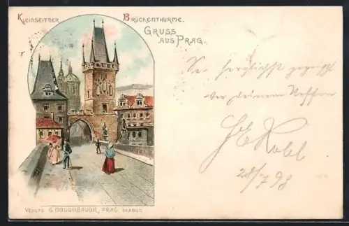 Lithographie Prag / Praha, Kleinseitner Brückenthürme mit Passanten