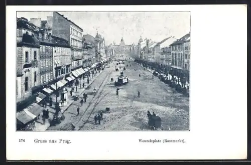 AK Prag / Praha, Pferdebahn am Wenzelsplatz