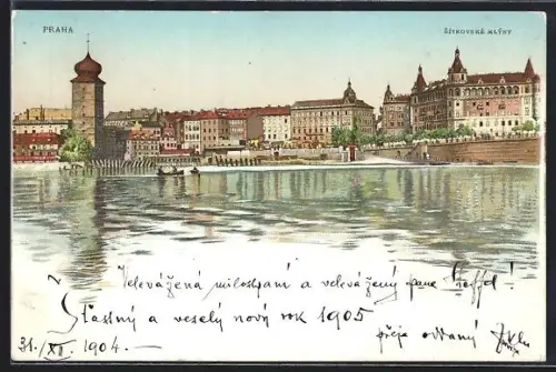 Lithographie Prag / Praha, Sitkovske Mlyny, Blick zur Kirche am Ufer