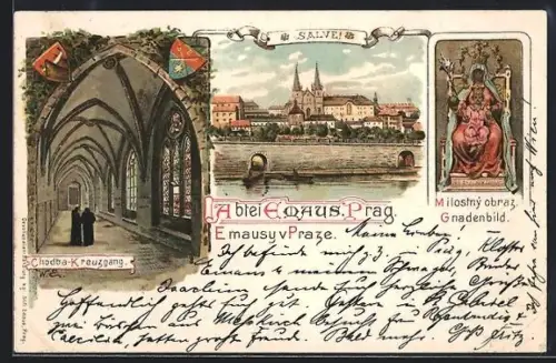 Lithographie Prag / Praha, Abtei Emaus, Gnadenbild, Kreuzgang, Wappen