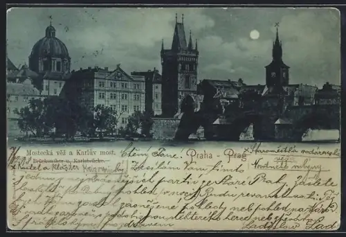 Mondschein-AK Prag / Praha, Brückenthor und Karlsbrücke