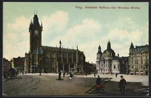 AK Prag / Praha, Altstädter Rathaus und Nicolaus Kirche