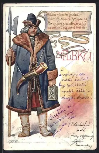 Künstler-AK Prag / Praha, Restaurant u Fleku, Nachtwächter, Figur mit Laterne, Trinkhorn und Lanze