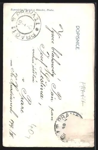 Künstler-AK Prag / Praha, Restaurant u Fleku, Nachtwächter, Figur mit Laterne, Trinkhorn und Lanze