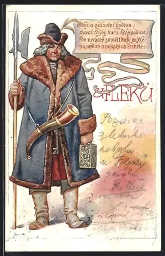 Künstler-AK Prag, Restaurant u Fleku, Nachtwächter im Pelzmantel, mit Laterne, Trinkhorn und Lanze