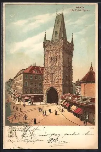 Lithographie Prag / Praha, Pulverturm mit Geschäften, Prasná brána