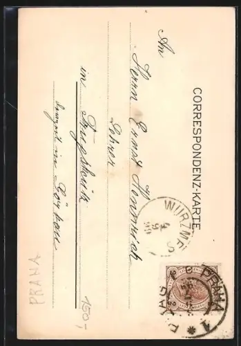 Lithographie Prag / Praha, Pulverturm mit Geschäften, Prasná brána