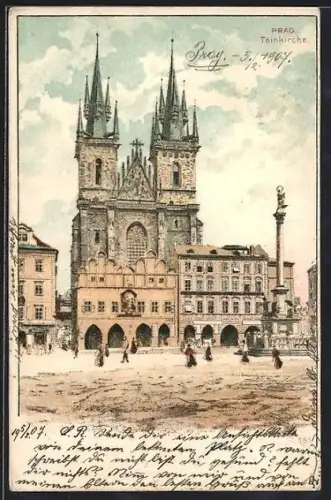 Lithographie Prag / Praha, Teinkirche mit Säulendenkmal