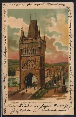 Lithographie Prag, das Brückentor samt Karlsbrücke