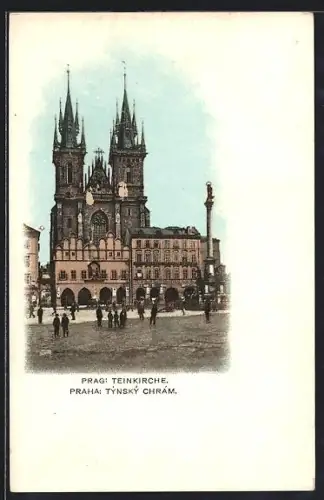 AK Prag / Praha, Teinkirche mit Arkadenhäusern u. Säulendenkmal
