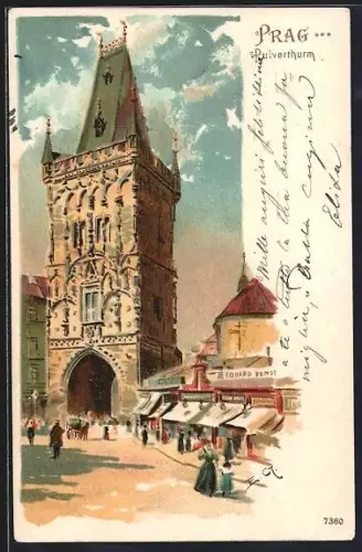 Lithographie Prag / Praha, Pulverthurm mit Geschäften