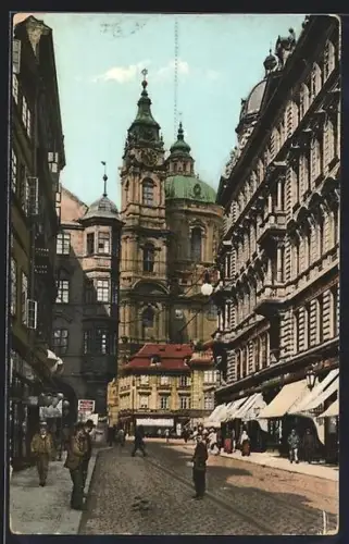 AK Prag / Praha, Kleinseite, Brückengasse mit Niklaskirche, Strassenpartie