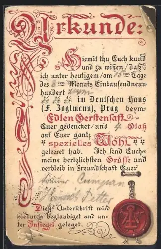 Künstler-AK Prag / Praha, Gaststätte Deutsches Haus F. Boglmann, Urkunde über Biergenuss