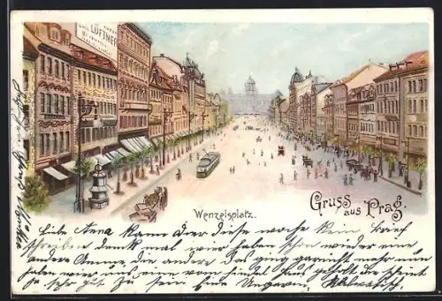 Lithographie Prag / Praha, Wenzelsplatz aus der Vogelschau, Strassenbahn, Panorama