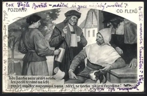 Künstler-AK Prag / Praha, Restaurant u Fleku, Biertrinker im Gespräch, Serviererin, Historische Szene