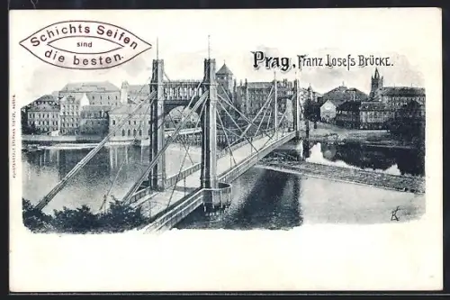 AK Prag / Praha, Franz Josefs Brücke mit Stadtpanorama aus der Vogelschau, Reklame Schichts Seifen