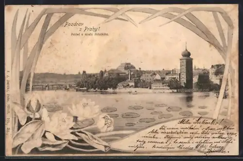 Künstler-AK Prag / Praha, Pohled s mostu Palackeho, Seerosen-Rahmen