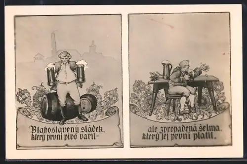 AK Prag, Restaurant St. Thomas Brauerei, Magdeburgerstrasse 33, Mann mit Bierkrug