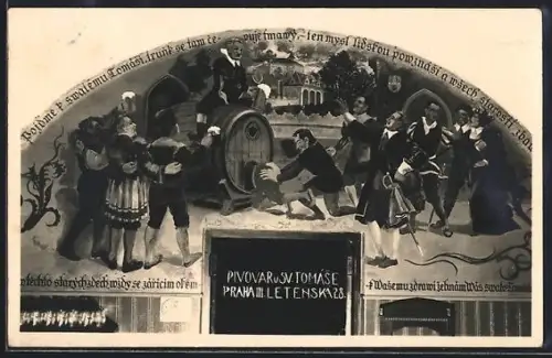 AK Prag / Praha, Pivovar u Sv. Tomase, Latenska 28, Feiernde mit Bierfass