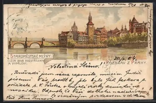 Lithographie Prag / Praha, Staromestske Mlyny, 1848