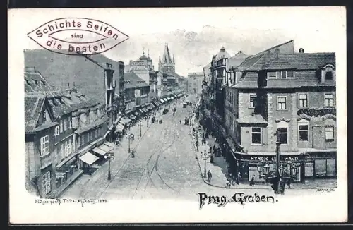 AK Prag / Praha, Graben aus der Vogelschau, mit Geschäften und Turmblick, Strassenpartie, Reklame Schichts Seifen