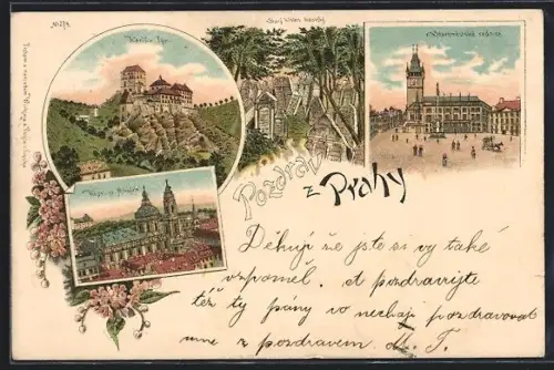 Lithographie Prag / Praha, Staromestská radnice, Karluv Týn, Kostel Sv. Mikulase