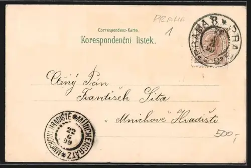 Lithographie Prag / Praha, Staromestská radnice, Karluv Týn, Kostel Sv. Mikulase