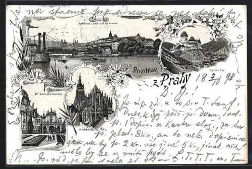 Lithographie Prag / Praha, Karluv Tyn, Retezova lavka a Mala Strana, Kathedrala Sv. Vita