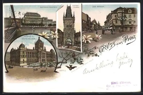 Lithographie Prag, Nationaltheater, Der Graben, Pulverthurm und Museum d. Königr. Böhmen