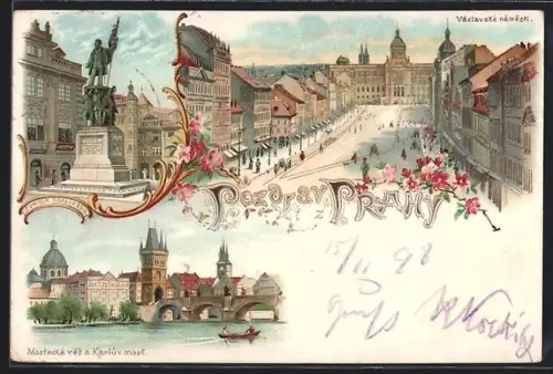 Lithographie Prag / Praha, Wenzelsplatz, Václavské námestí, Pomnik Radeckéno, Mostecká vez a Karluv most