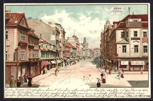 Lithographie Prag / Praha, Geschäftshäuser am Graben