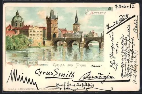 Lithographie Prag / Praha, Blick über den Fluss zur Altstadt