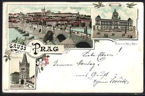Lithographie Prag / Praha, Karlsbrücke, Pulverturm, Museum des Königr. Böhmen