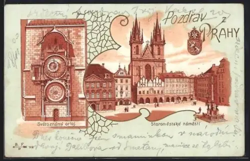 Lithographie Prag / Praha, Altstädter Ring, Astronomische Uhr