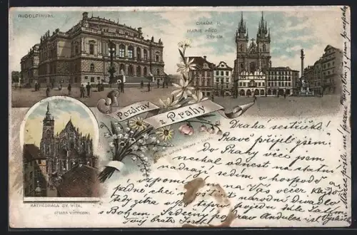 Lithographie Prag, Rudolfinum, St. Veitsdom und Gr. Ring mit Teynkirche