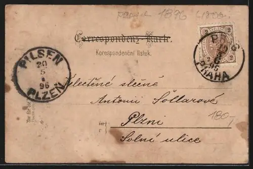 Lithographie Prag, Rudolfinum, St. Veitsdom und Gr. Ring mit Teynkirche