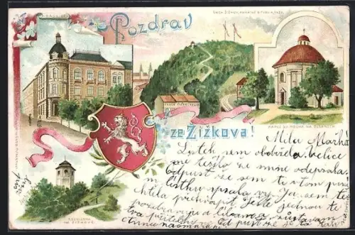 Lithographie Prag / Praha, Vrch Zizkov, Kaple Sv. Rocha, Radnice