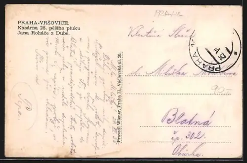 AK Prag / Praha, Vrsovice, Kasarna 28, pesiho pluku Jana Rohace z Dube