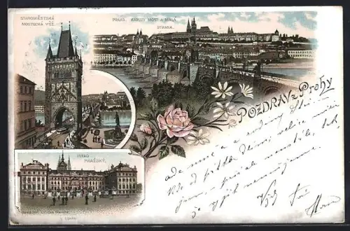 Lithographie Prag / Praha, Altstädter Brückenturm, K. K. Burg