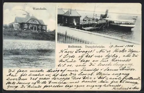 AK Holtenau, Wartehalle, Dampfboot an der Dampferbrücke