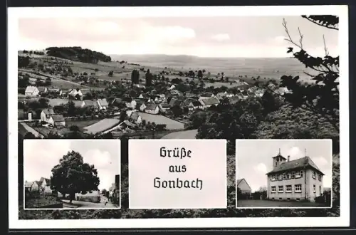 AK Gonbach, Ortsansicht aus der Vogelschau, Strassenpartie mit Wohnhäusern