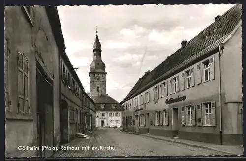 AK Göllheim /Pfalz, Rathaus mit evangel. Kirche
