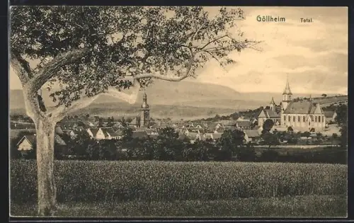AK Göllheim, Totalansicht mit Kirche vom Feld aus