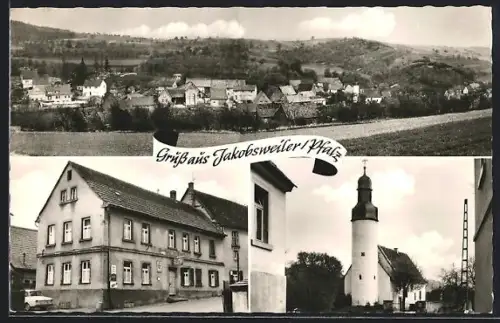 AK Jakobsweiler /Pfalz, Gasthaus zur Krone, Elise Kron, Ortsansicht vom Feld aus, Blick auf die Kirche